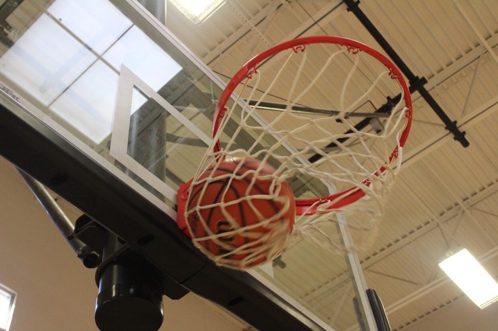 Wilson Evolution basketball through indoor hoop